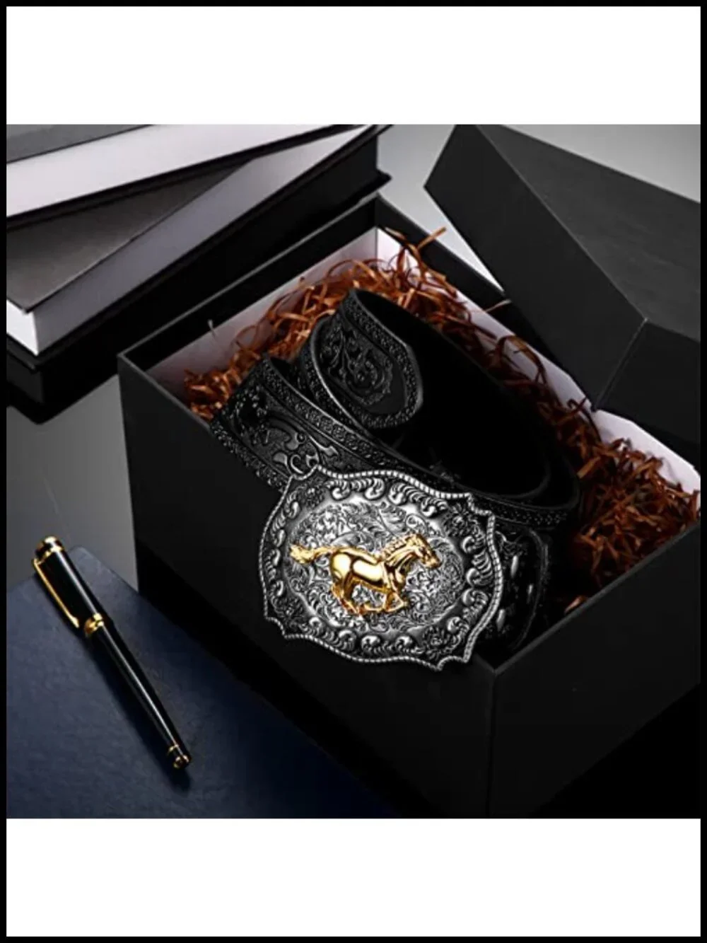 Western Cowboy Leather Belt w/ Horse Buckle - Unisex